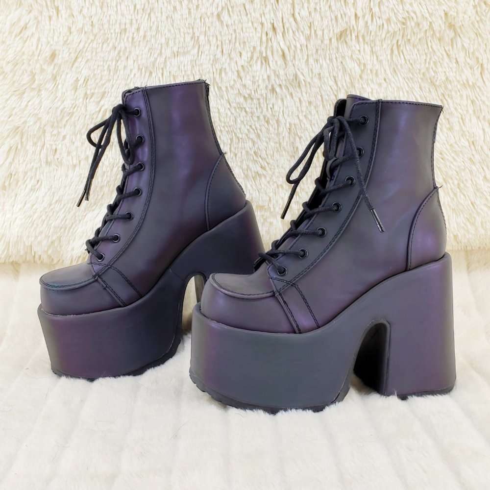 Camel Purple Green Reflective Rave Royalty Festival Platform Ankle Boots